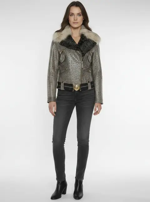 Gucci Grey Leather Fur Collared Zip Up Jacket M