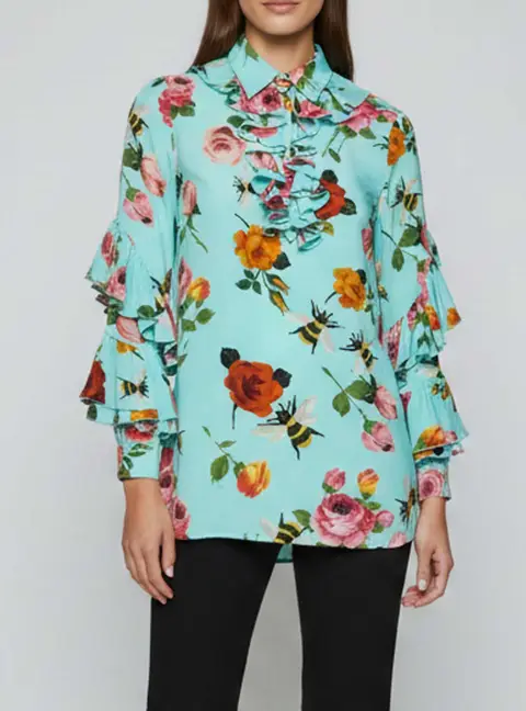 Gucci Mint Green Floral Print Silk Ruffled Blouse S