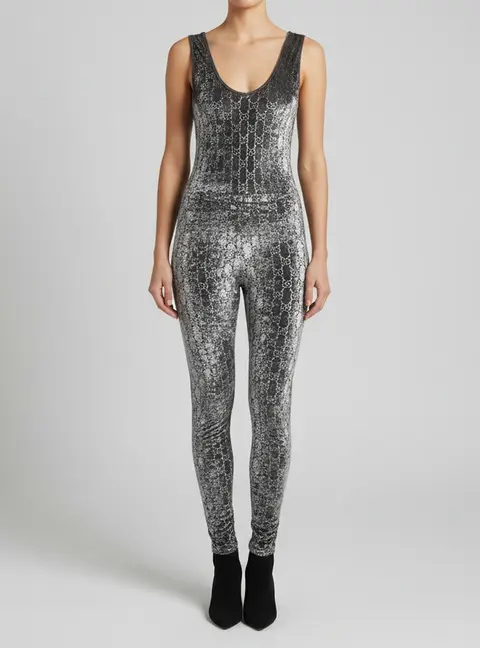Gucci Grey GG Crystal Embellished Velvet Scoop Neck Jumpsuit S