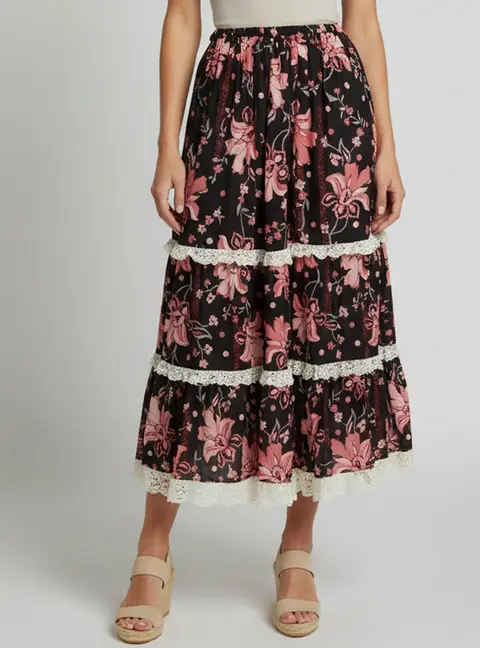 Gucci Black Floral Print Crepe and Lace Trim Tiered Midi Skirt M