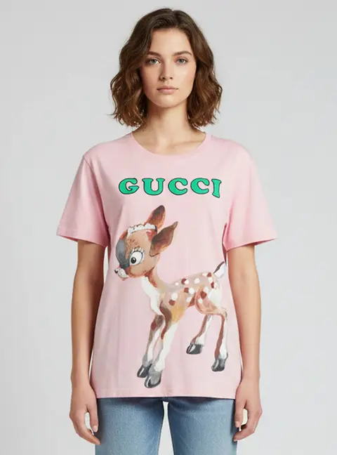 Gucci Pink Deer and Floral Print Jersey Crewneck T-Shirt S