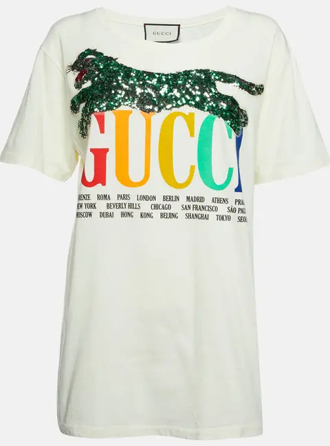 Gucci Cream City Logo Print Cotton Sequin Tiger Applique Detail T-Shirt S