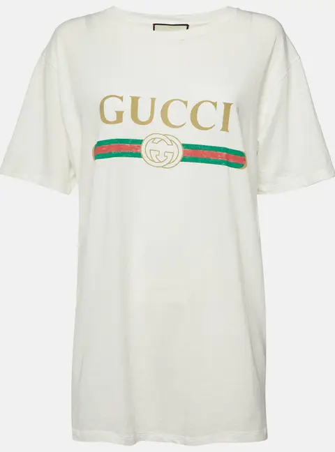 Gucci Off White Logo Print Jersey Distressed T-Shirt M