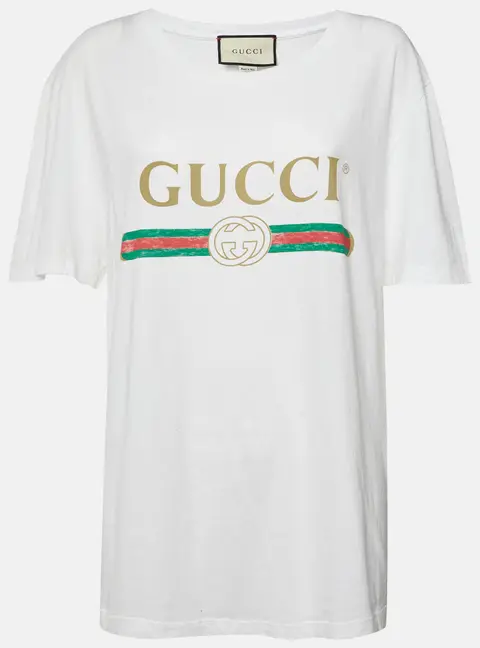 Gucci Off White Logo Print Jersey Distressed T-Shirt M