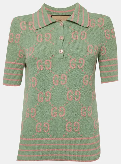 Gucci Green/Pink Monogram Jacquard Knit Polo T-Shirt S