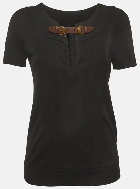 Gucci Black Crepe Leather Buckle Pin Tucked Blouse L
