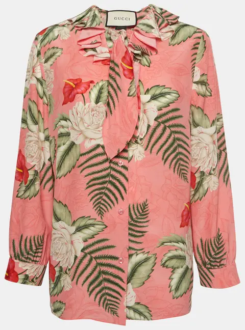 Gucci Pink Floral Print Silk Long Sleeves Blouse M