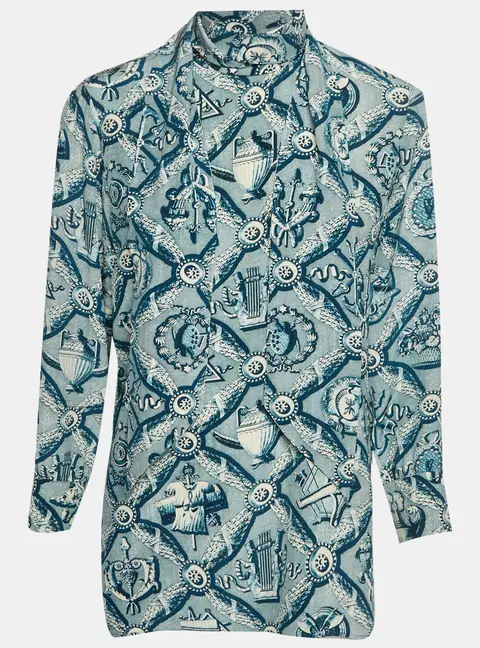 Gucci Blue Architectural Kaleidoscope Print Silk Neck Tie Blouse M