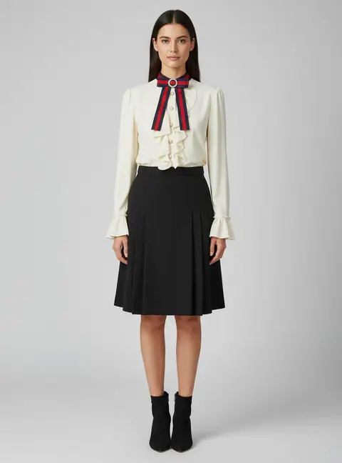 Gucci Cream / Black Jersey Knit Ruffle Detail Midi Dress M