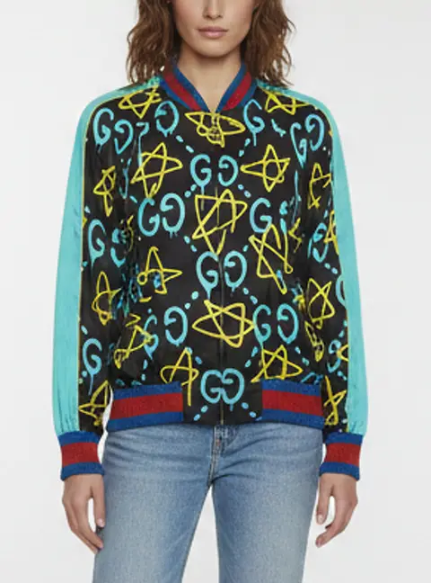 Gucci Black Printed Satin Zip Up Bomber Jacket M