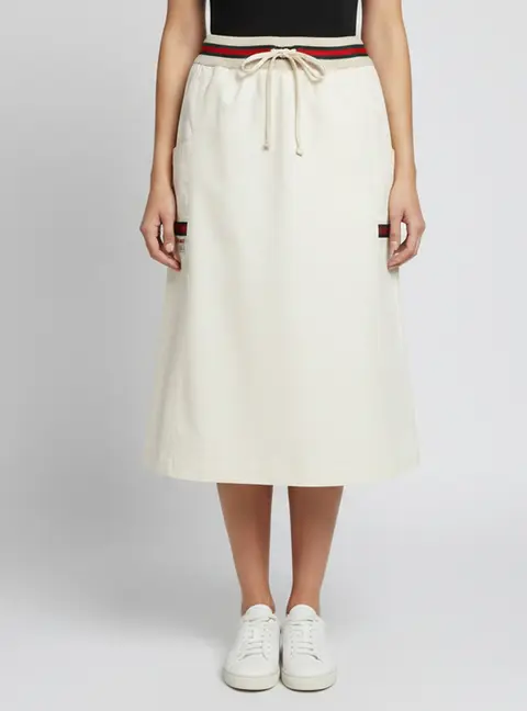 Gucci Cream Logo Detail Web Trim Canvas Midi Skirt M
