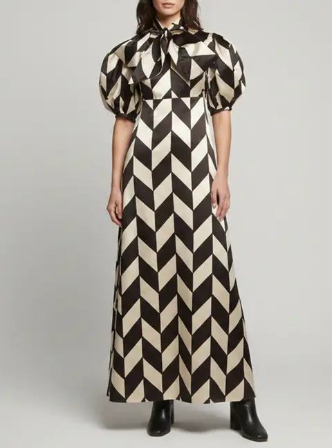 Gucci Black and Cream Chevron Pattern Puff Sleeve Maxi Dress S