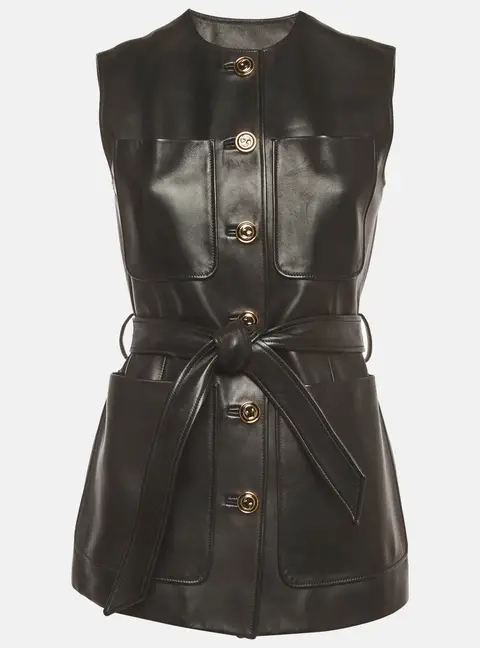 Gucci Black Button Embellished Leather Long Belted Vest S
