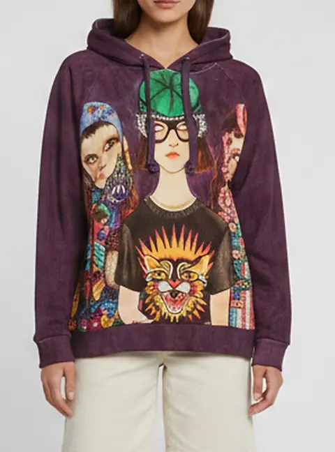 Gucci X Unskilled Worker Purple "The Family" Print Cotton Knit Hooded Sweatshirt S