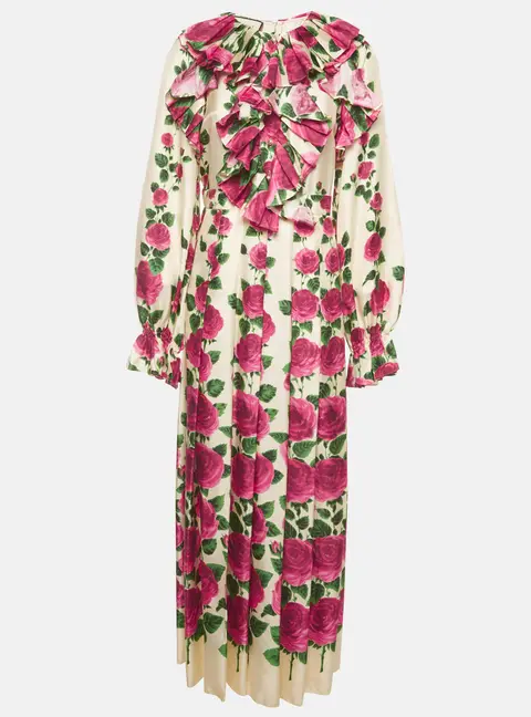 Gucci Cream Silk Rose Garden Print Ruffle Maxi Gown M