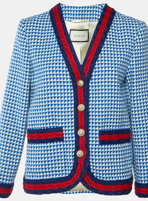 Gucci Blue/white Houndstooth Tweed Web Trim V-Neck Jacket M