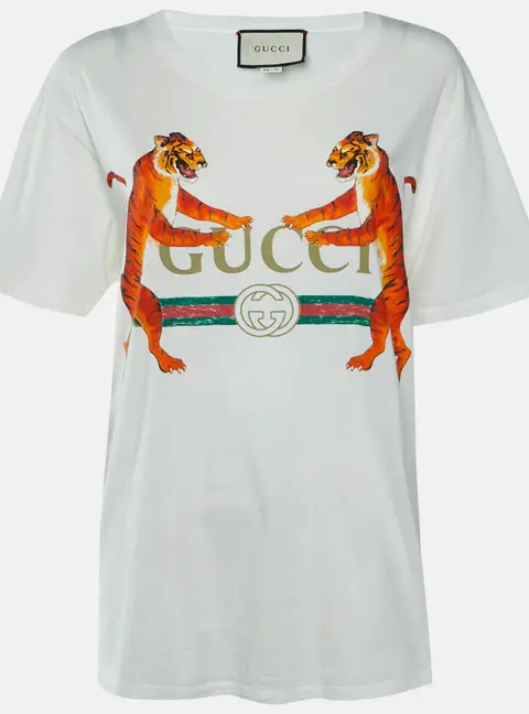 Gucci Off White Logo & Tiger Print Jersey Short Sleeve T-Shirt L