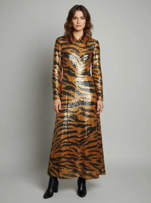 Gucci Orange/Black Tiger Stripe Sequin Pattern Collared Gown M