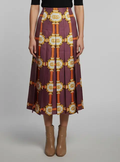 Gucci Purple Marmont GG Doubloon Harness Print Silk Pleated Skirt L