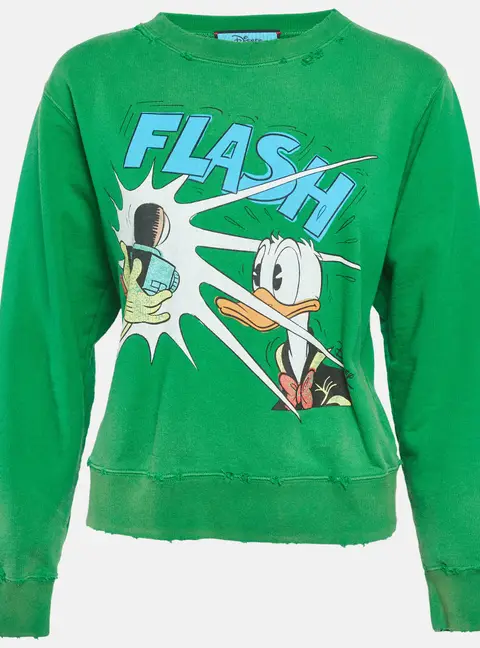 Gucci X Disney Green Graphic Print Cotton Knit Distressed Sweatshirt XS