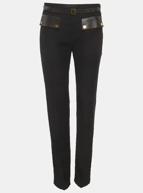 Gucci Black Leather Trim Wool Belted Trousers S