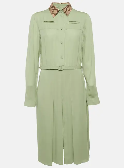 Gucci Green Leather Trim Silk Midi Dress L