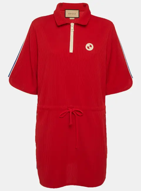 Gucci Red Rib Knit GG Applique Drawstring Short Dress L
