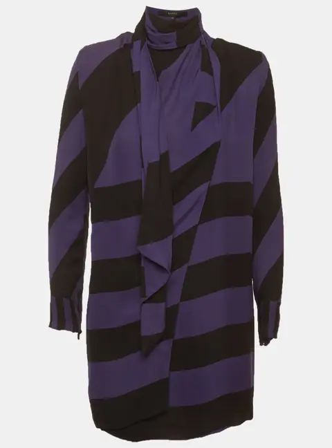 Gucci Purple/Black Striped Silk Blend Wrap Over Mini Dress S