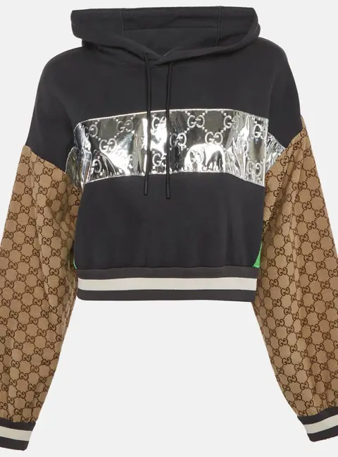 Gucci  Multicolour Monogram Jacquard Knit Cropped Hoodie S