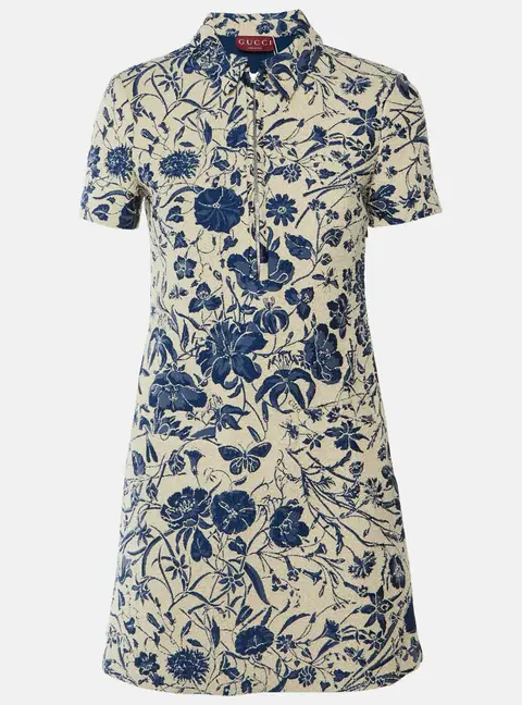 Gucci Beige/Blue Floral Cotton Boucl&eacute; Jacquard Mini Dress S