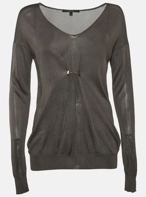 Gucci Brown Stretch Knit Brooch Detail Top L