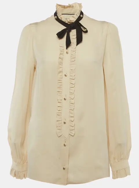 Gucci Beige Silk Neck Tie Detail Ruffle Blouse M