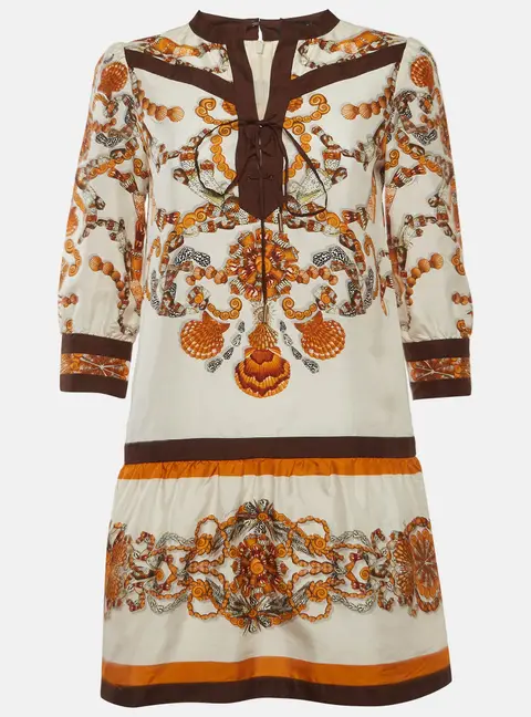 Gucci White Shell Print Silk Lace-Up Dress S