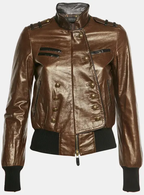 Gucci Brown Leather Stand Collar Zip Front Jacket S