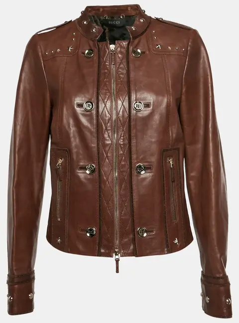 Gucci Brown Leather Star Stud Biker Jacket L