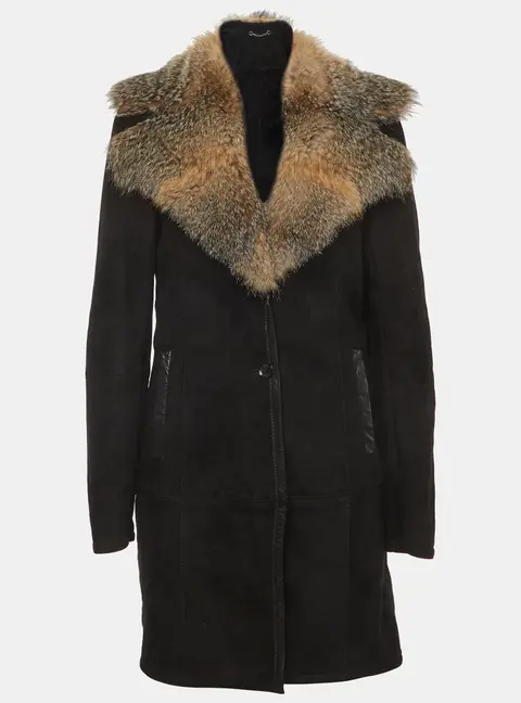 Gucci Black Suede and Fur Trim Single Breasted Shearling Coat M