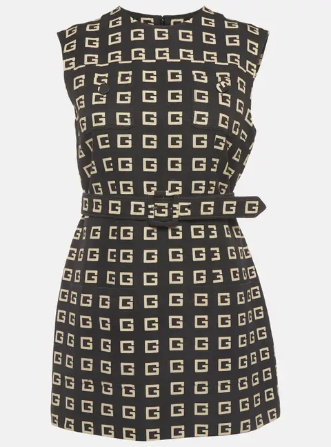Gucci Black Square G Print Faille Belted Tunic Dress M