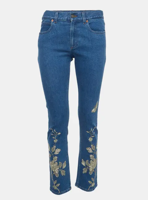 Gucci Blue/Gold Floral Embroidered Denim Jeans M/Waist 30"