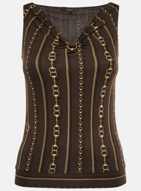 Gucci Brown Chain-Link Print Jersey Sleeveless Top S