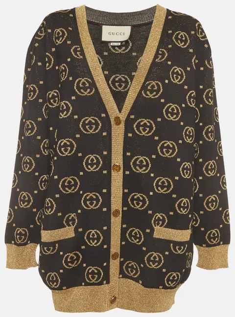Gucci Black/Gold Monogram Jacquard Lurex Knit Cardigan L