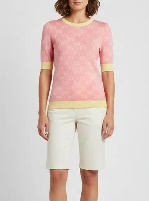 Gucci Pink Monogram Knit Short Sleeve Sweater S