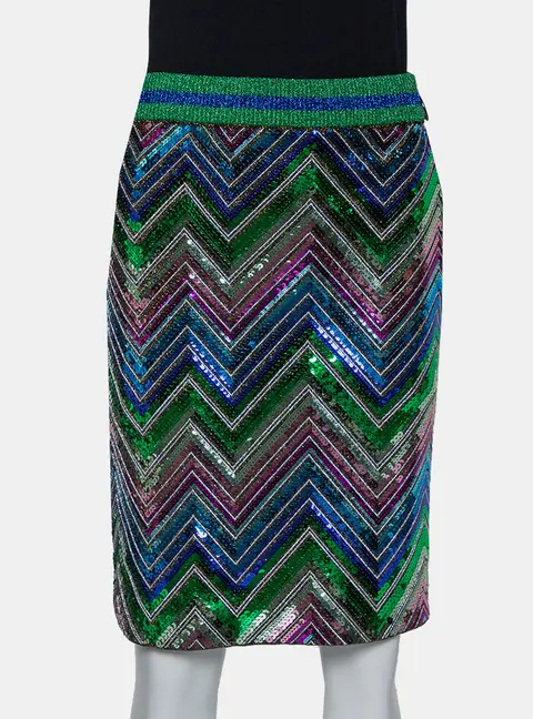 Gucci Multicolor Lurex Knit Chevron Pattern Sequin Embellished Skirt L