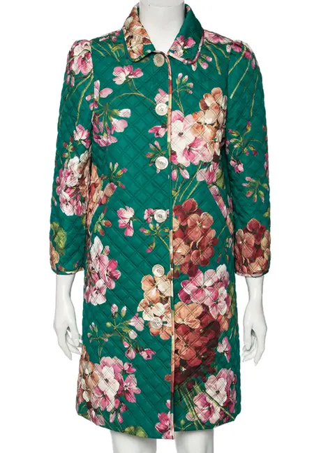 Gucci Green Floral Printed Quilted Cotton Button Front Coat M