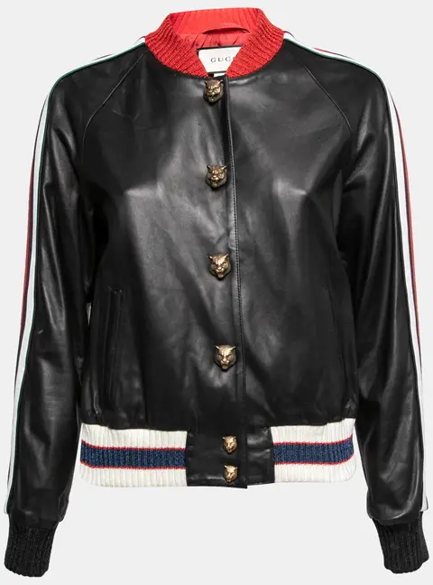 Gucci Black Leather Hollywood Embroidered Bomber Jacket M