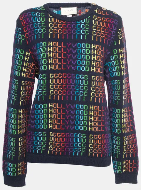 Gucci Navy Blue Multicolor Hollywood Patterned Wool Sweater M