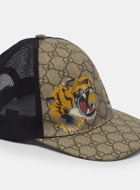 Gucci Beige Monogram Tiger Print Canvas Mesh Baseball Cap M