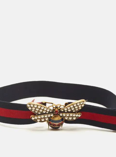 Gucci Queen Margaret Bee 80 CM Waist Belt Navy Blue/Red Web Elastic Fabric