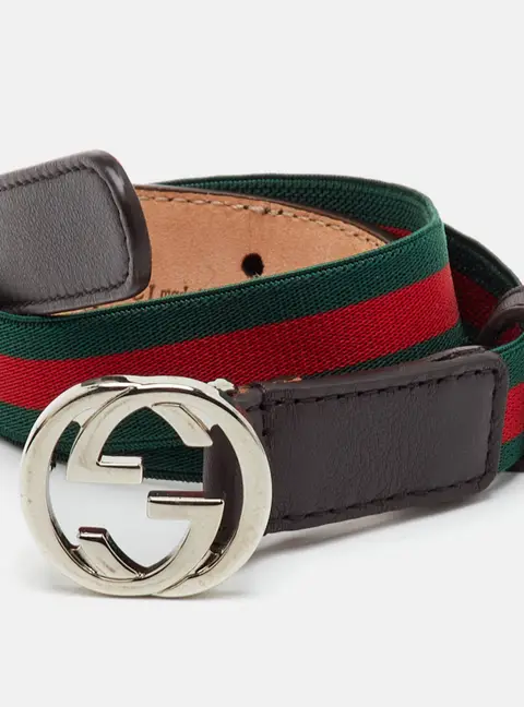 Gucci Interlocking GG Size M Tricolor Web Elastic and Leather Waist Belt