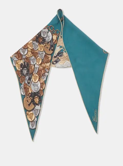 Gucci Teal Crest Chain Print Silk Triangle Scarf