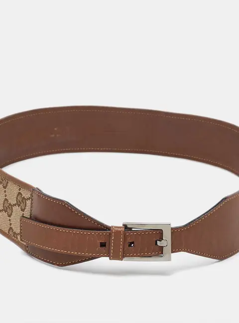 Gucci Brown GG Canvas and Leather Buckle Wide Waist Belt 80CM